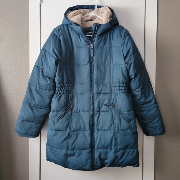 Land's End faux fur teal coat - Picture 1 of 6